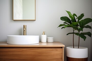 Scandinavian Green Plant Bathroom: Mid-Century Wood Vanity & Modern Lighting Decor