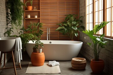 Nordic Light: Mid-Century Bathroom Decor on Wooden Floor with Terracotta Tiles and Green Plant Accents