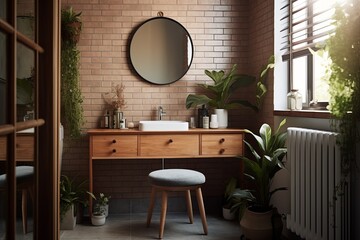 Mid-Century Style Bathroom Decor: Wooden Vanity, Nordic Lighting, Terracotta Tiles & Green Plants Showcase