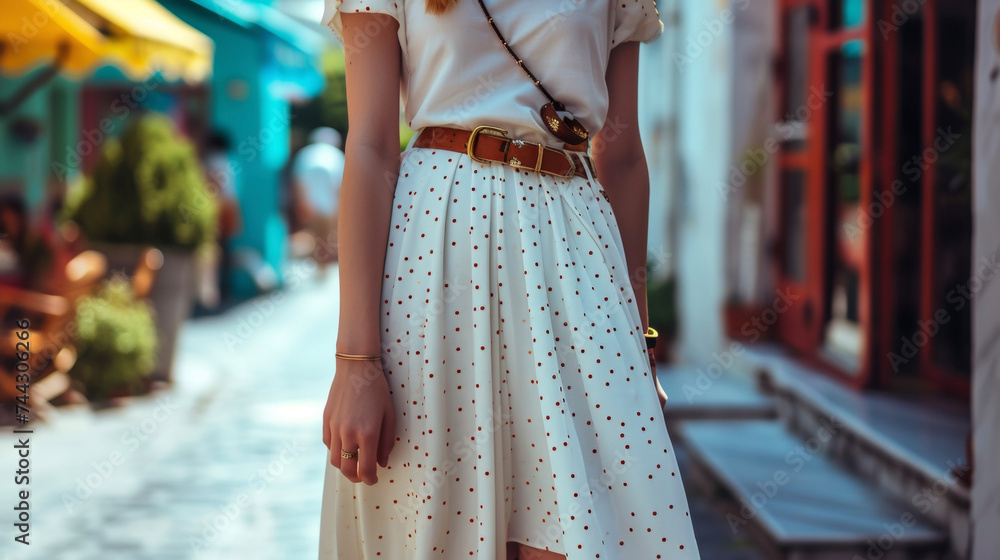 Poster a white midi skirt with a playful polkadot pattern and a statement belt is perfect for a day of shop