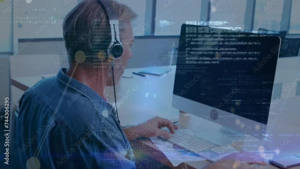Poster Animation of data processing over caucasian businessman using computer in office