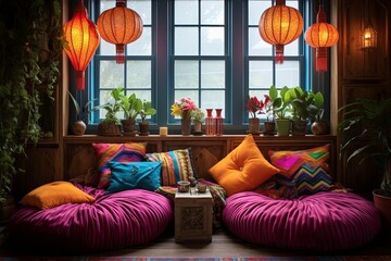 Eclectic Bohemian Bedroom: Vibrant Tones, Floor Seating, Wooden Decor & Pendant Lights