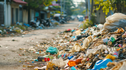 A garbage-strewn street highlights an eco catastrophe and the urgent need to save the planet. Ai generative illustration