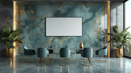 A modern conference room with a table and chairs, a white blank banner on the marble wall, and plants for decoration. Ai generative illustration