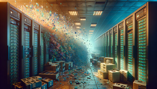 Vintage server room with digital disintegration and tranquil colors
