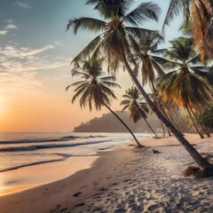 sunset on the beach, palm tree on the beach, A serene tropical beach scene with palm trees reaching for the sky, summer