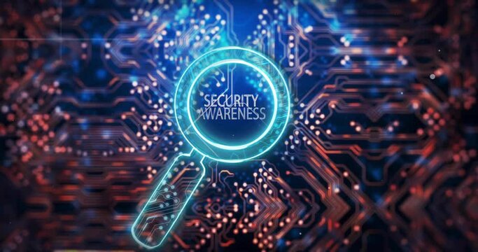 Animation of security awareness text and circuit board over black background
