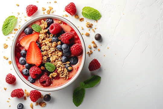 Healthy breakfast bowl with granola, yogurt, and mixed berries. Nutritional food concept. Flat lay composition with copy space for design and print