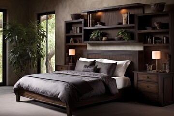 Dark Wood Bedroom Furniture Designs with Mediterranean Vibes - Wooden Shelf Bedroom Elegance