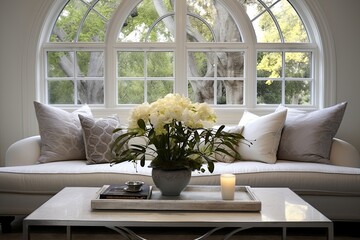 Glass Coffee Table Decor Ideas: Arch Window Reflection on Table Surface Beauty