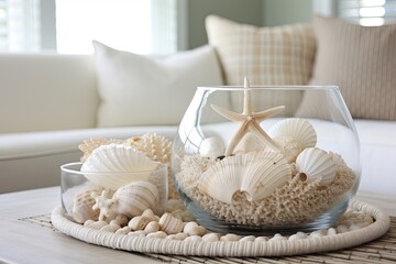 Fototapeta na wymiar Seashell Coastal Home: Glass Coffee Table Decor Ideas with Stunning Shell Arrangements