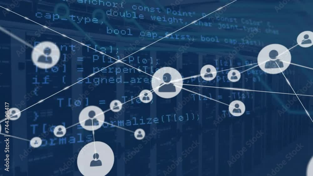 Poster animation of network of connections, data processing over computer servers