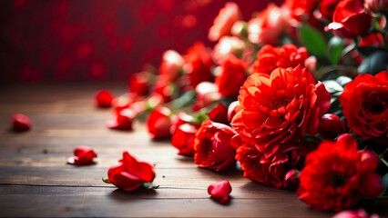 bouquet of red roses on wooden background 