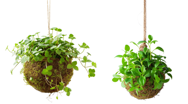 Hanging Kokedama traditional plant from Japan on a transparent PNG background.