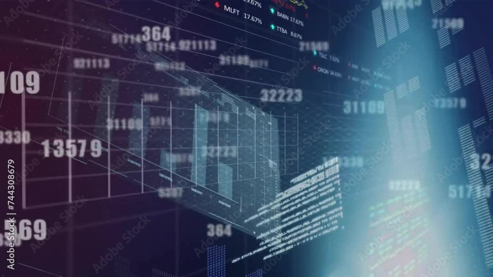 Poster animation of financial data processing over dark background