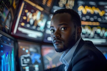 African American Businessman Analyzing Data in Atmospheric Sci-Fi Noir Style