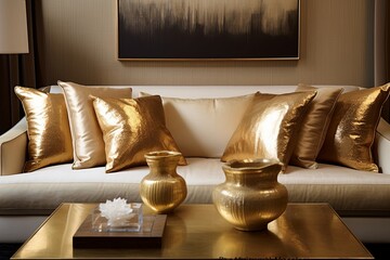 Golden Pillow Serenity: Contemporary Living Rooms with Chic Golden Accents