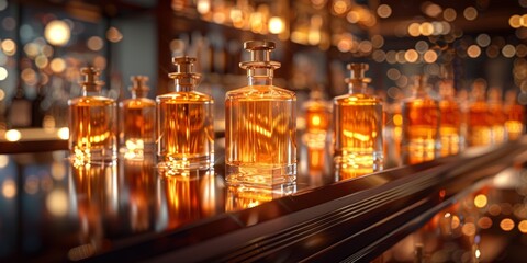 Sleek amber bottles on a reflective bar counter in ambient lighting