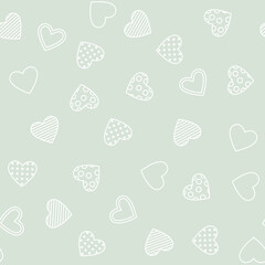White hearts are scattered on a gray-green background. Seamless pattern with editable stroke. Contour drawing. Flat style. Isolated. Background for cover, fabric, decor.