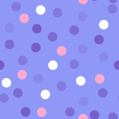 Lilac background with polka dots. Seamless pattern. Lilac, white and pink circles on a violet. Background for paper, cover, fabric, textile, dishes, interior decor.