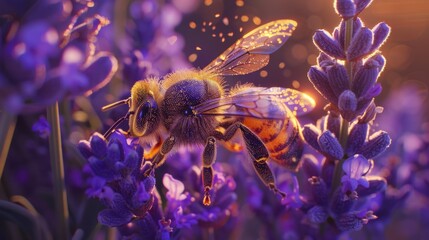 Honeybee Pollinating Lavender Flowers at Sunset. A detailed view of a honeybee with pollen on its...