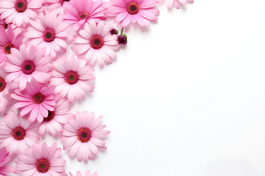 Pink daisies arranged on a white background with copy space. Floral pattern concept for design, greeting card, and wallpaper, Mother's Day, Valentine, Birthday