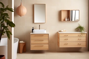 Sleek Fixtures & Wooden Vanity: Mid-Century Bathroom with Scandinavian Touches and Terracotta Tiles