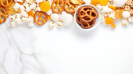 Assorted snacks on a white marble background with copy space, top view.