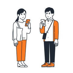 屋外でスマホを見る若い男女のシンプルなベクターイラストセット素材