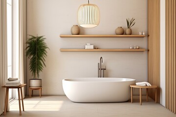 Sleek Tub Delight: Mid-Century Bathroom Inspirations with Wooden Shelves, Pendant Lights, and Minimalist Decors