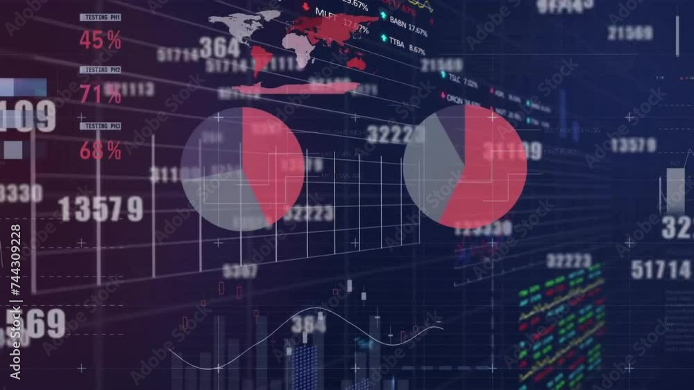 Poster animation of financial data processing over dark background
