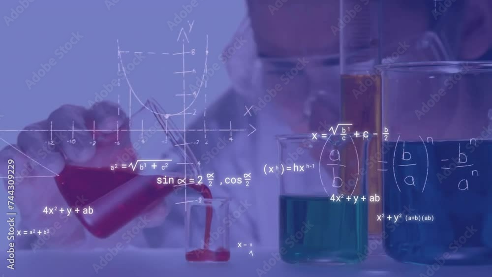 Poster animation of scientific data processing over female scientist with beaker in laboratory
