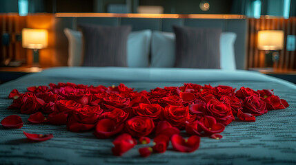 Red roses arranged in a heart shape on the bed. Love, romance and Valentine's Day theme.