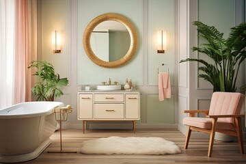 Fototapeta na wymiar Mid-Century Chic: Modern Bathroom with Wooden Floor, Pastel Accents, Art Deco Mirror and Stylish Rug