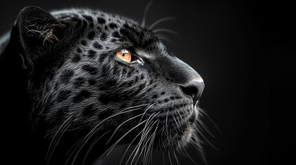 Close-up of the leopard's face on a black background.
