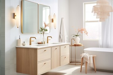 Fototapeta na wymiar Nordic Chic: Mid-Century Modern Bathroom with Wooden Vanity and Pastel Touches