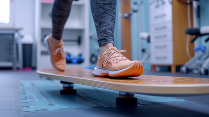 A person using a balance board while following an AIguided rehab routine tailored to improve stability and range of motion after an injury.