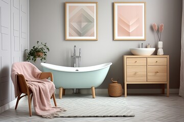 Nordic Chic: Mid-Century Modern Bathroom with Art Deco Elements, wooden floor, and Pastel Accents