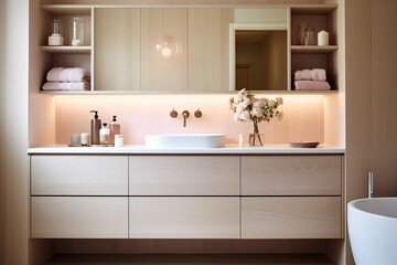 Fototapeta na wymiar Nordic Chic: Modern Bathroom with Mid-Century Wooden Vanity and Pastel Touches