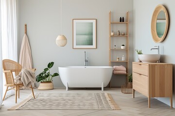 Fototapeta na wymiar Nordic Chic: Mid-Century Modern Bathroom with Wooden Floor and Pastel Accents