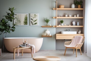 Fototapeta na wymiar Mid-Century Nordic Chic: Modern Bathroom with Wooden Shelving and Pastel Touches