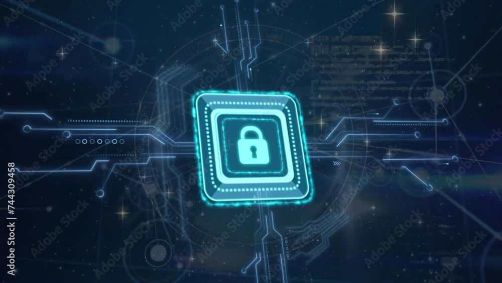 Poster animation of padlock icon and circuit board on dark background