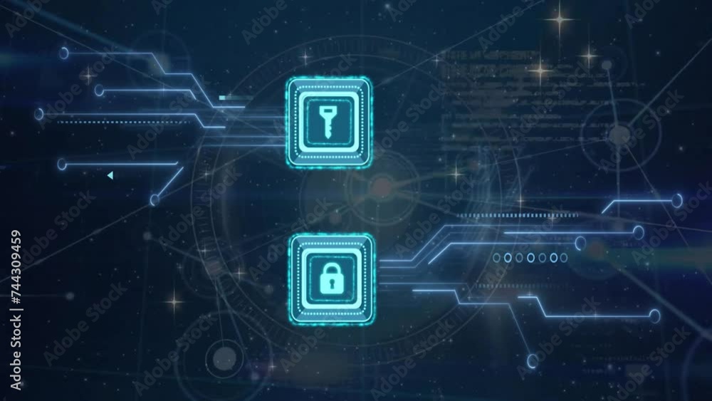 Aufkleber animation of padlock and key icons and circuit board on dark background