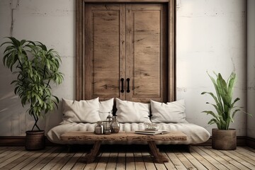 Modern Interiors with Antique Wooden Doors, Cozy Seating, Minimalist Table, Farmhouse Decor, and Hanging Plants