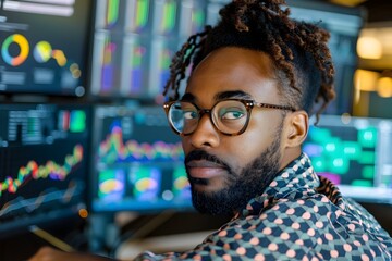 Fototapeta premium African American Stock Trader Focused on Screens Inspired by Afrofuturism with stock trading and finacial as background.