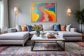 Modern Grey Wall Room with Vibrant Oriental Rug: A Contemporary Touch