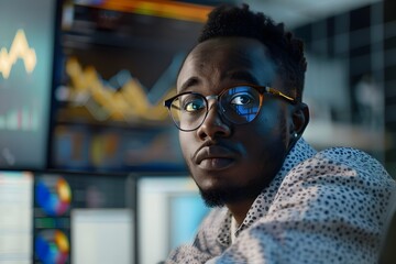 Fototapeta premium African American man sit in front of monitor with various graphical relate to financial and he action as analyst people.