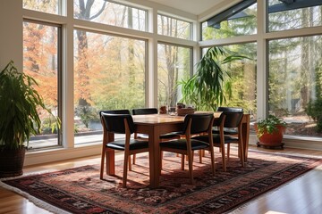 Fototapeta premium Rustic Villa Dining Table: Oriental Rug in Modern Setting