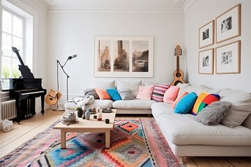 Colorful Scandinavian Living Room with Oriental Rugs: Modern Spaces Inspo