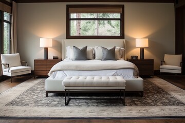 Modern Serene Bedroom: Elegant Oriental Rug Setting